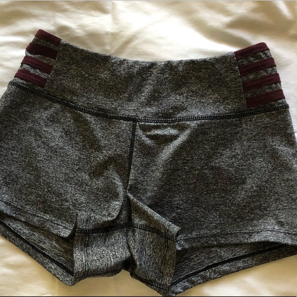 Grey Workout Shorts with Maroon Stripes on Side